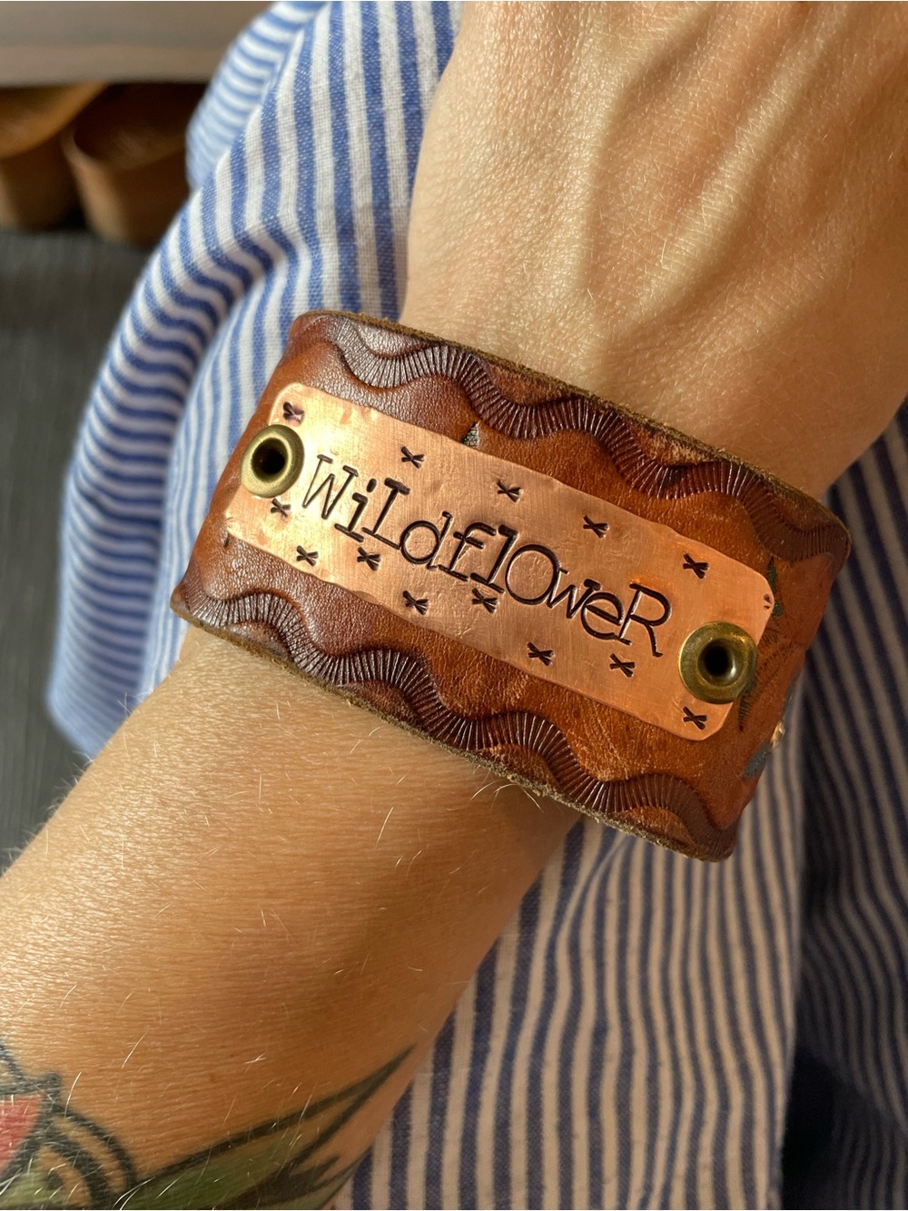Wildflowers Brown Leather Cuff with Copper Nameplate